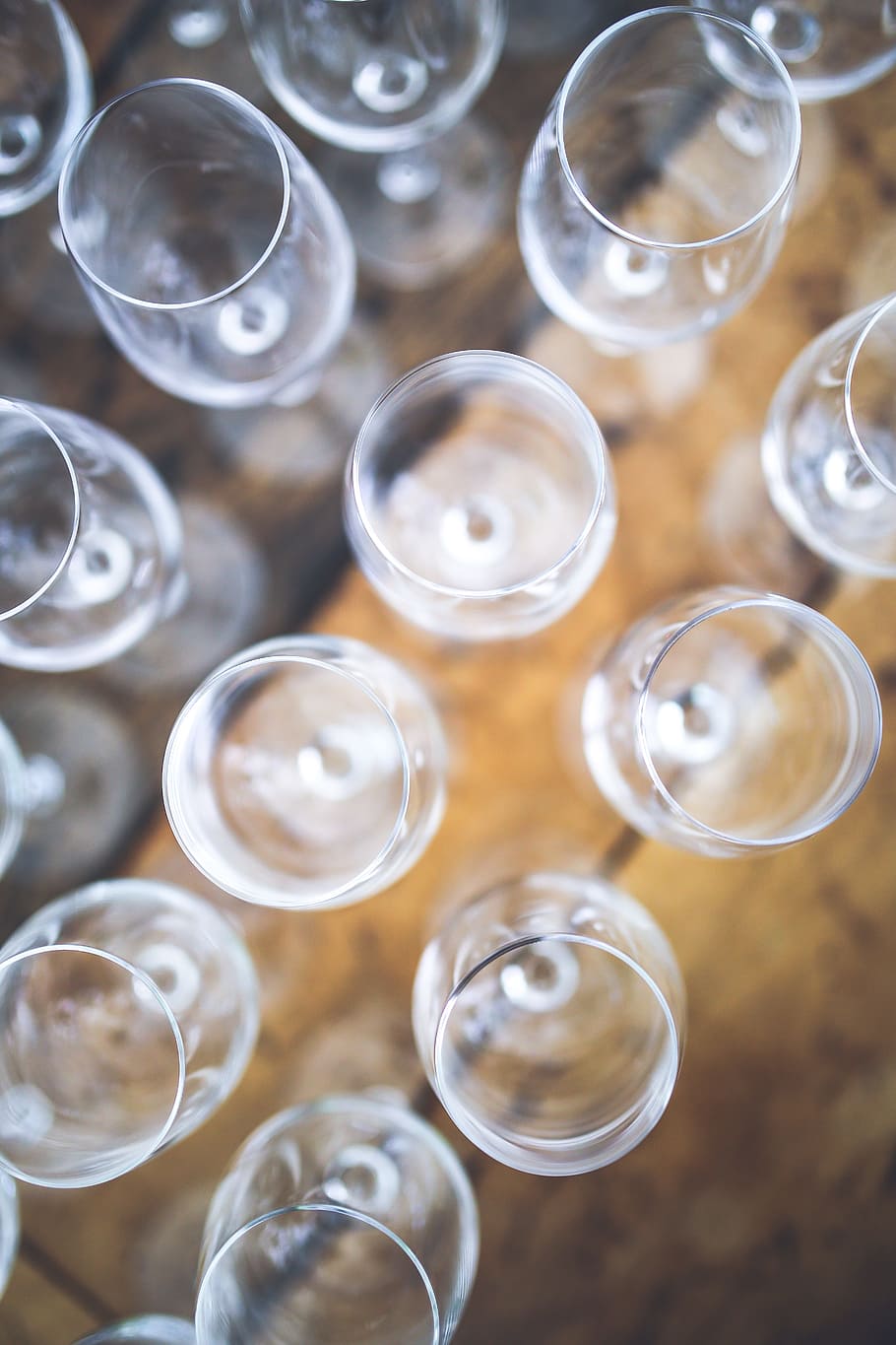 wine, glass, glasses, empty, passel, high angle view, large group of objects, indoors, transparent, close-up