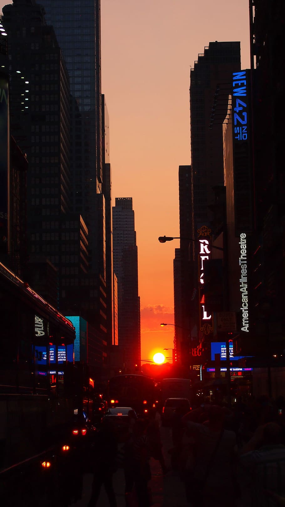 Nueva York, Manhattan, Estados Unidos, Noche, puesta de sol, manhattanhenge, time square, escena urbana, calle, rascacielos