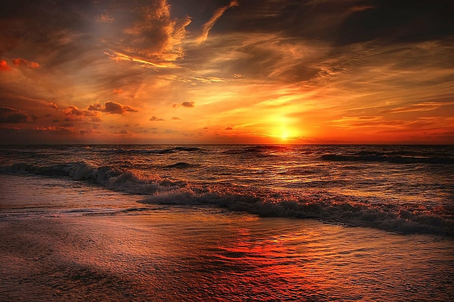 sunset, ocean, gray, white, clouds, beach, north sea, sea, water, abendstimmung
