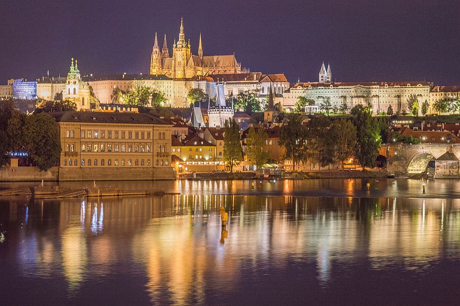 lighted, concrete, buildings, river, nighttime, Prague, Night, City, Castle, Castle, House, city