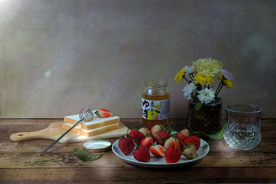table, food, wood, glass, wooden, fruit, still life, healthy, flower, refreshment