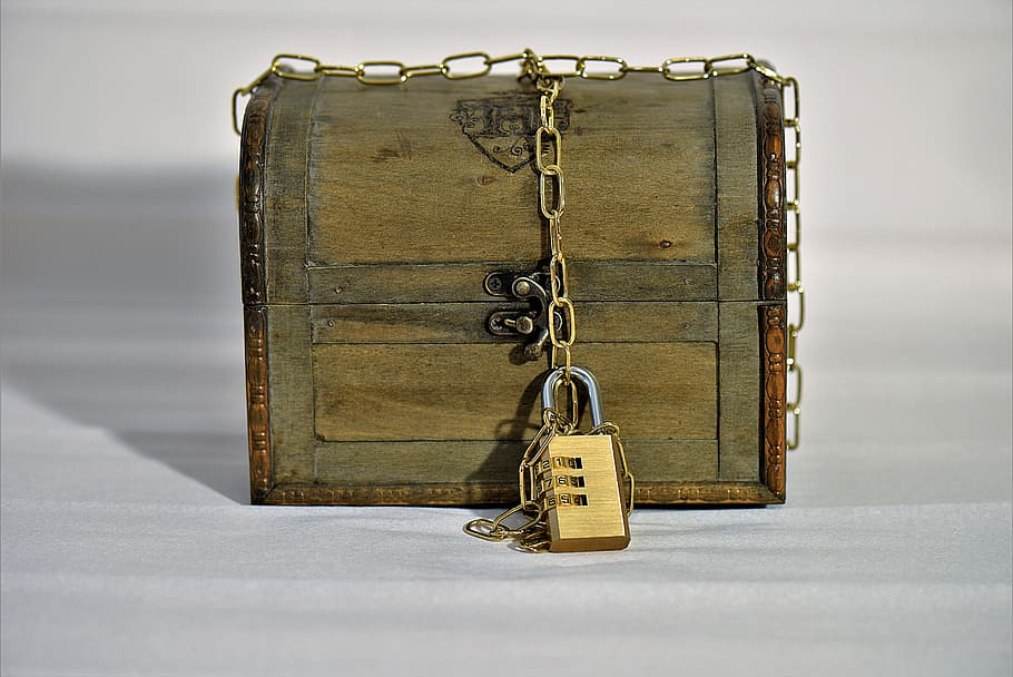 marrón, madera, caja de cajuela, candado de latón, cadena, cofre del tesoro, castillo, secreto, cerrar, equipaje