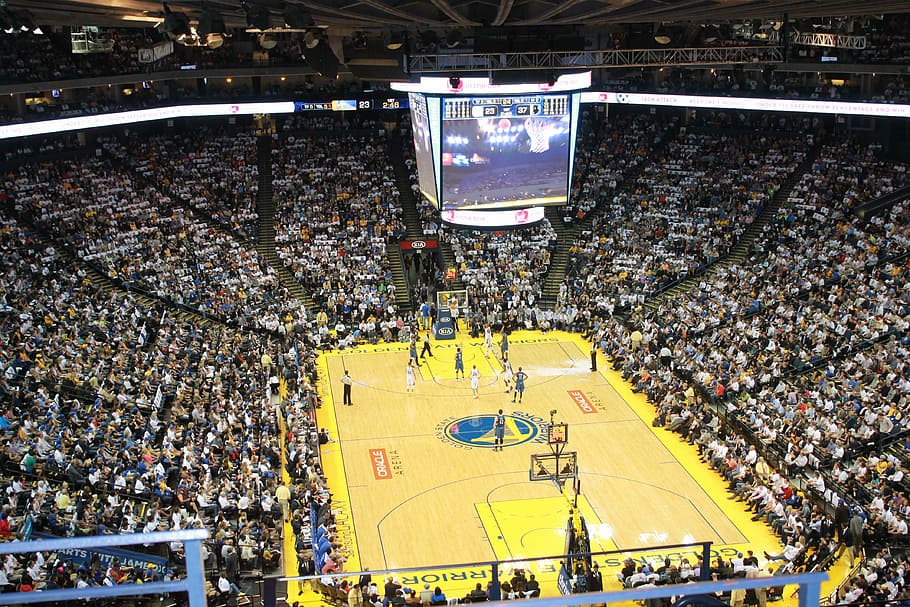 person, watching, nba game, inside, oracle arena, basketball, stadium, golden state warriors, oakland, crowd