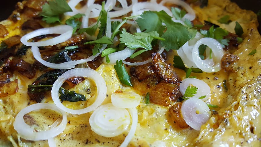 food, onion slices, coriander leafs, egg omelet, food and drink, ready-to-eat, vegetable, close-up, freshness, indoors