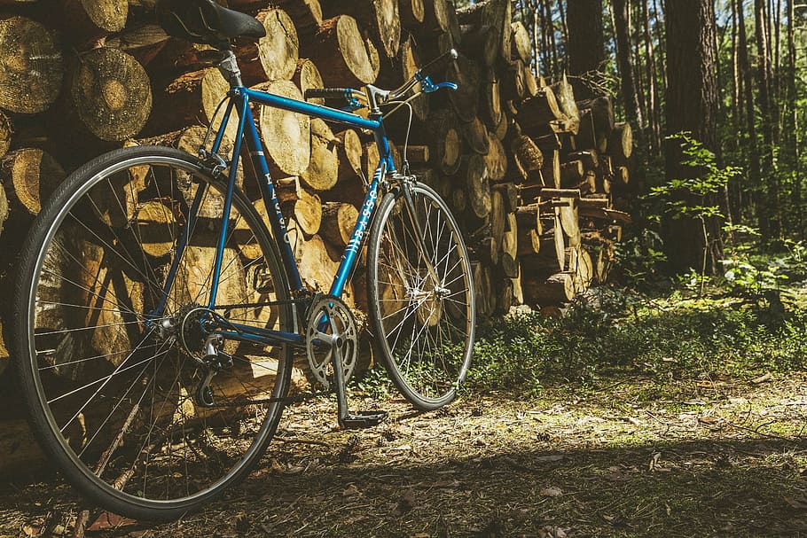 azul, rígido, bicicleta, estacionado, troncos de madera, viajero, delgado, pila, marrón, madera