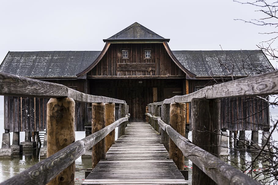 brown, wooden, dock pathway, straight, black, structure, ammersee, boat house, frozen, water