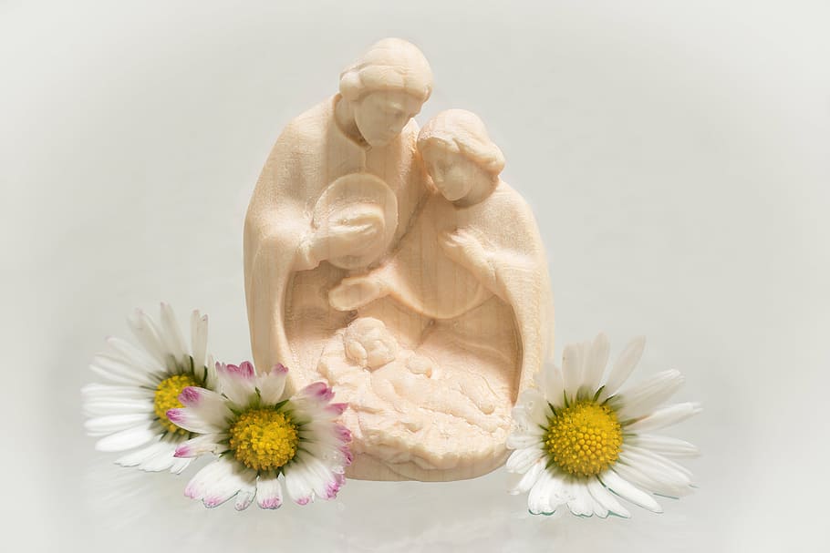 nativity figurine, white, petaled flower, christmas, crib, christmas eve, father christmas, jesus, maria, josef