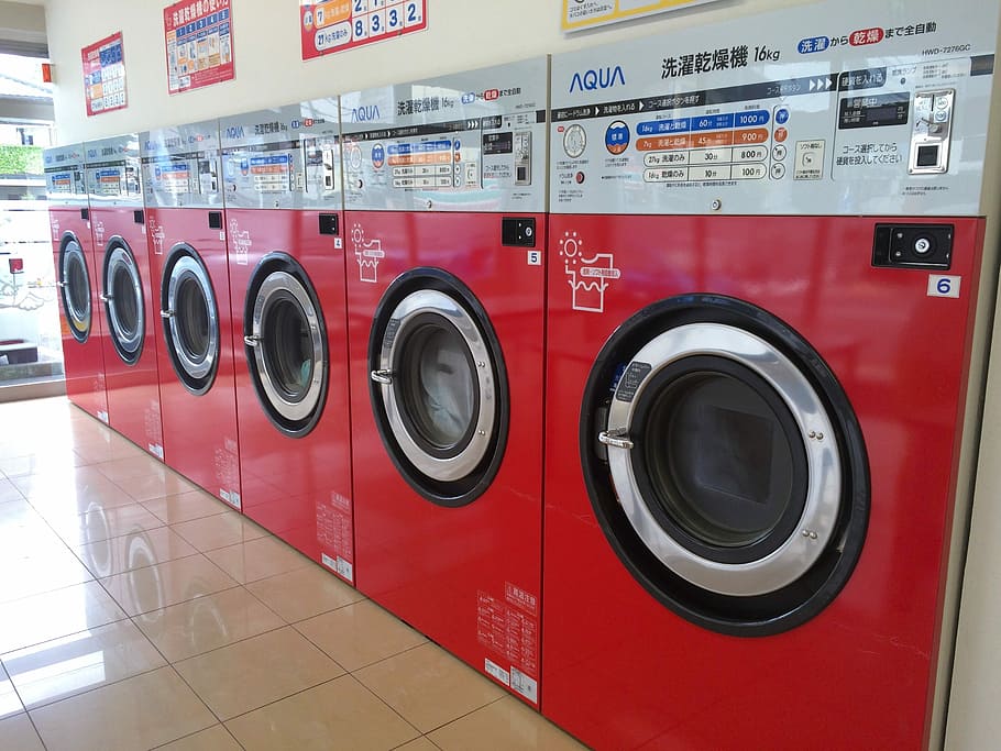 Launderette, Dryer, Washing Machine, fully automatic washing machine, machinery, self, red, yellow, yasuura, yokosuka