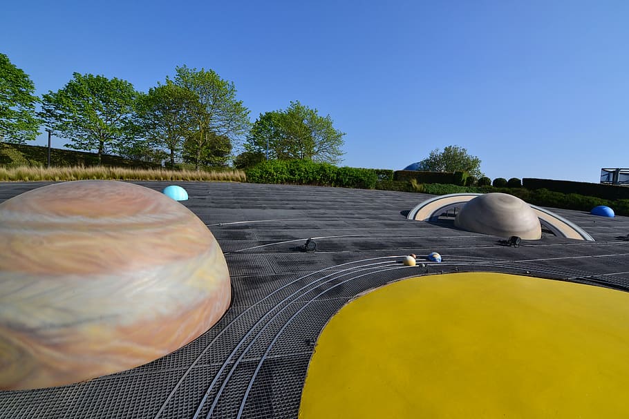 solar system, planets, sun, space city, toulouse, orbit, tree, sky, plant, day