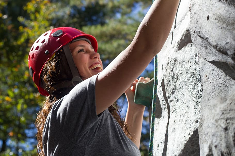 woman, gray, shirt, climbing, wall, girl, fun, happy, rock climbing, rock wall