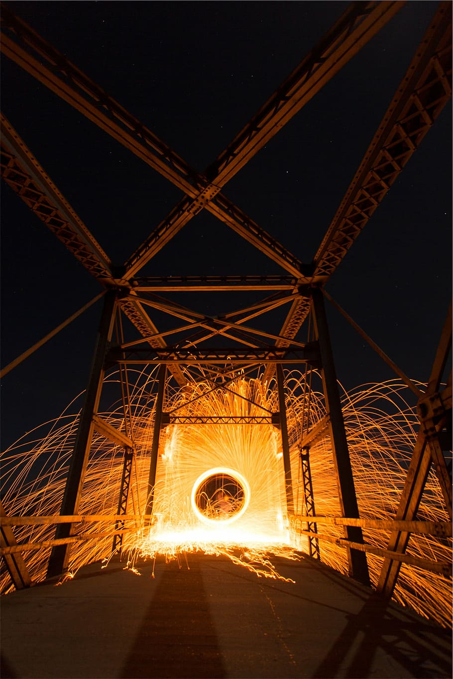 steel wool photography, light, bridge, nighttime, brown, steel, frame, architecture, night, lights