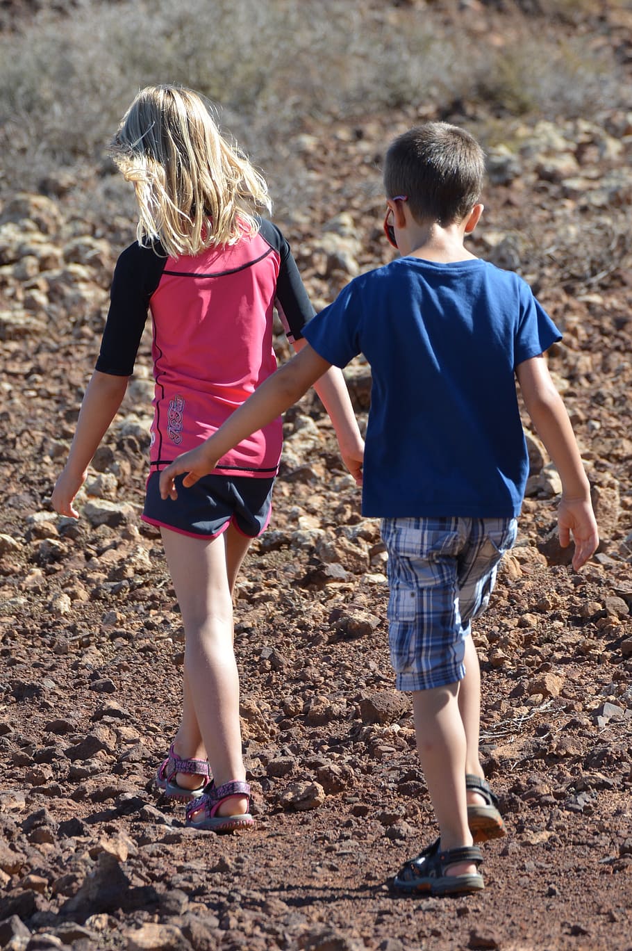 children, people, boy, girl, hiking, sports, motion, child, childhood, two people