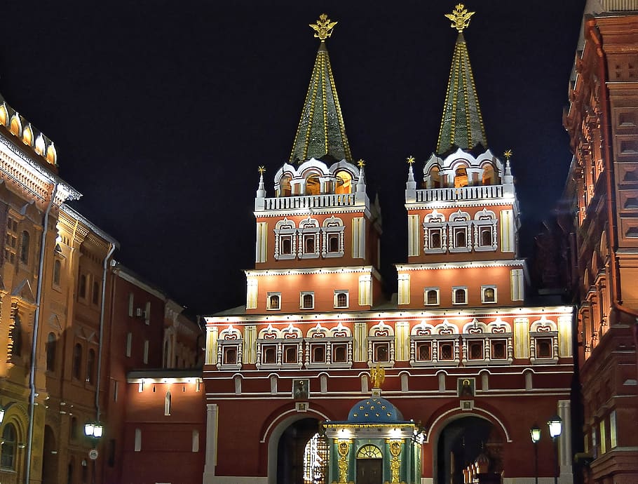 russia, moscow, red square resurrection gate, architecture, travel, building, city, built structure, building exterior, night