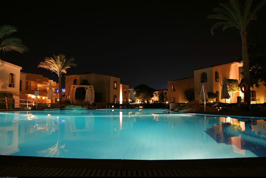 Piscina, Villa, Noche, agua, iluminada, hotel de lujo, lujo, iluminado, palmera, estructura construida