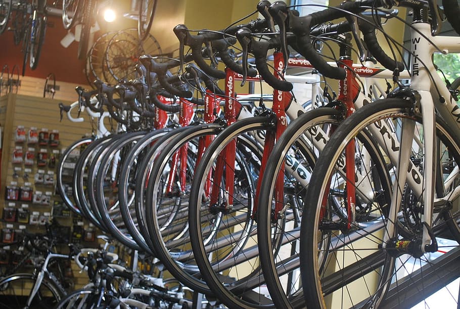 bicycle, bike, bikes, tire, tires, wheel, store, transportation, bicycle rack, metal