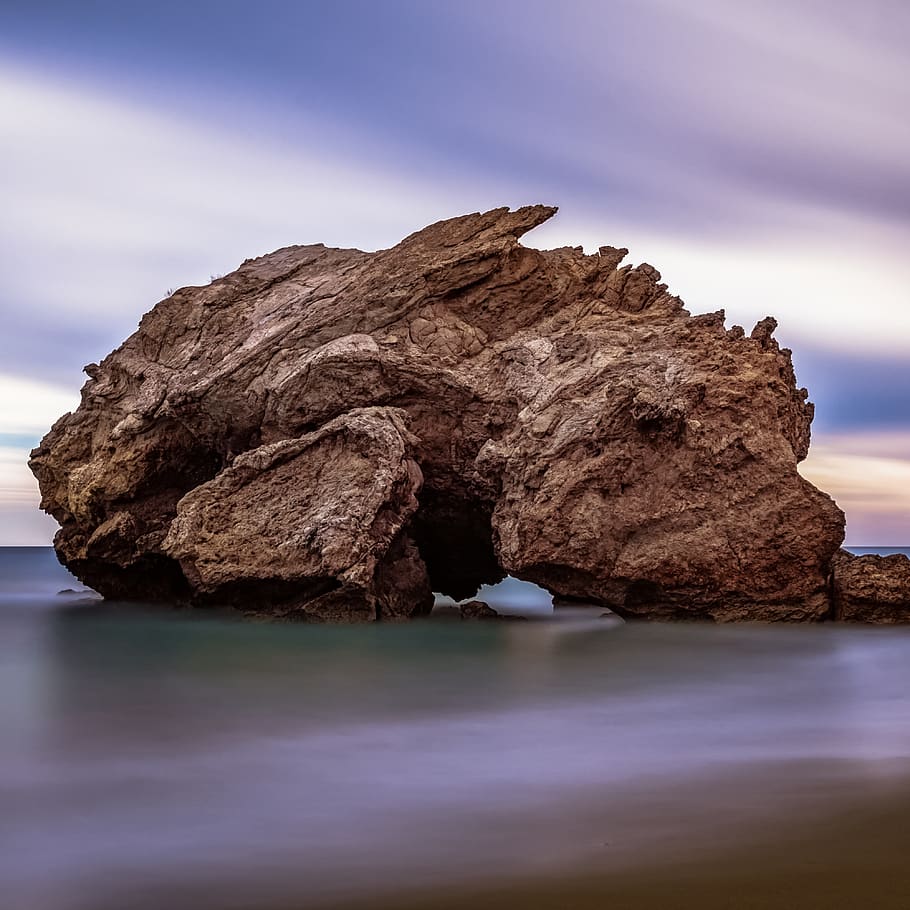 rock, stone, beach, rock in water, rock at a beach, rock - object, water, solid, sea, rock formation