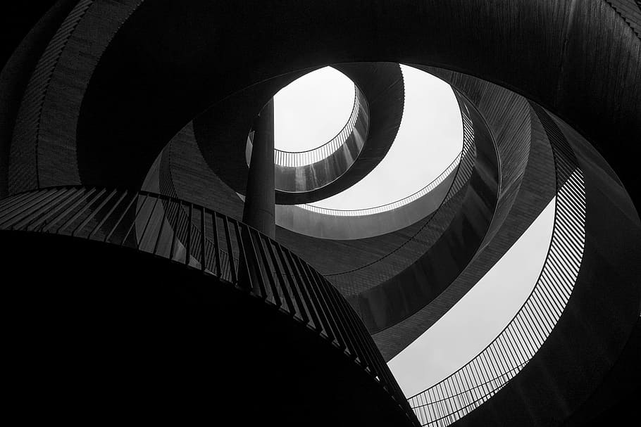 black and white, stairs, stairway, spiral, building, strucutre, architecture, built structure, railing, staircase