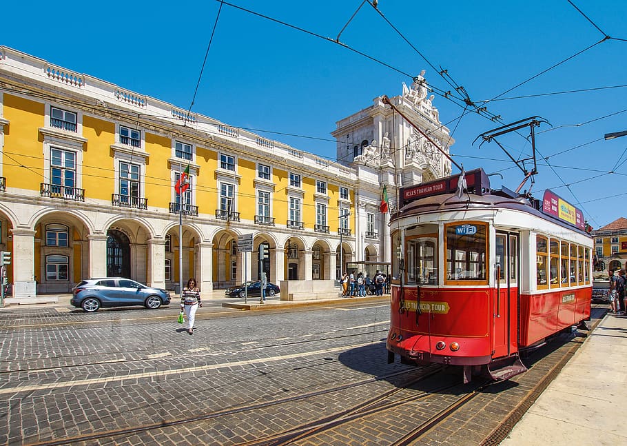 lisbon, portugal, red, tram, architecture, city, lisboa, europe, travel, landmark