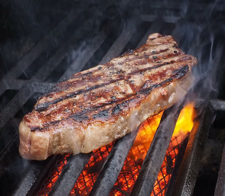 grilled, beef, top, black, steel charcoal grill, steak, meat, food, dinner, meal
