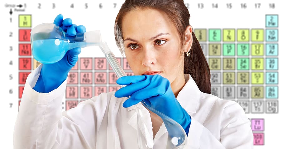mulher, branco, bata de laboratório, químico, laboratório, sistema periódico, química, médico, pistão, ciência