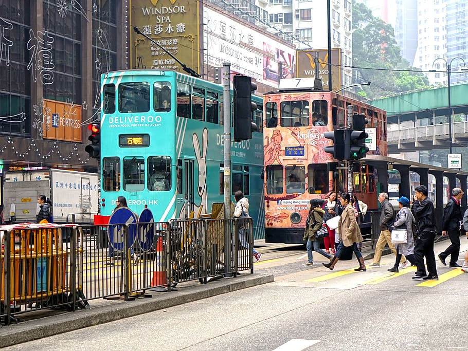hongkong, ting ting car, tram, double decker tram, city, building, signboards, road, city street, transportation