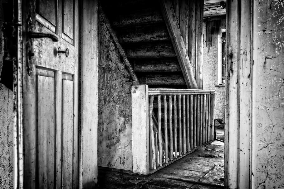 grayscale photo, staircase, lost places, home, room, space, abandoned places, pforphoto, building, underground