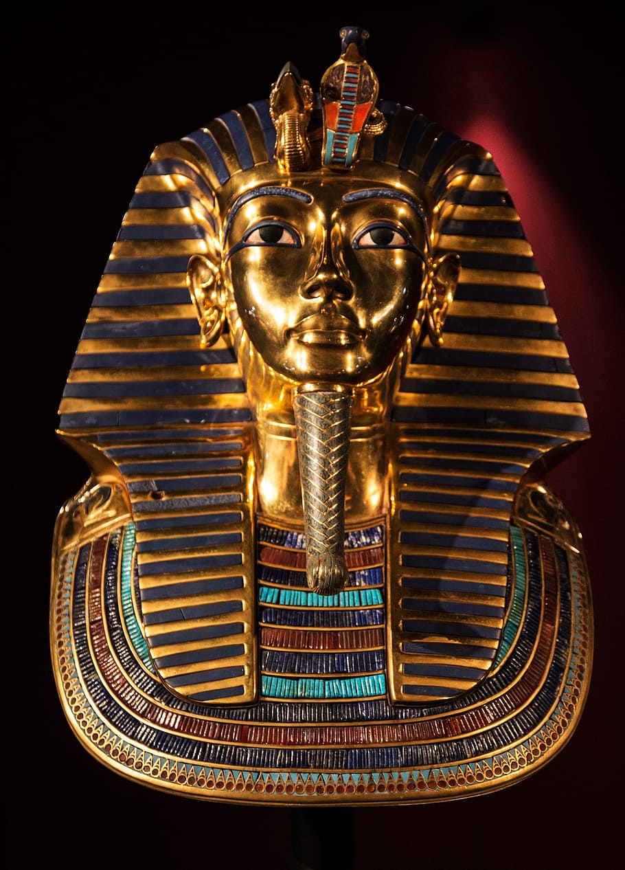 gold pharaoh headbust, tutankhamun, death mask, golden, mask, gold head, valuable, invaluable, treasure, gold treasure