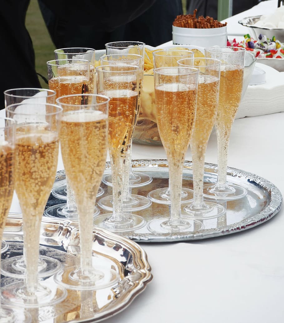 filled, champagne glasses, tray, bubbler, champagne, silver tray, fest, anniversary, inauguration, party