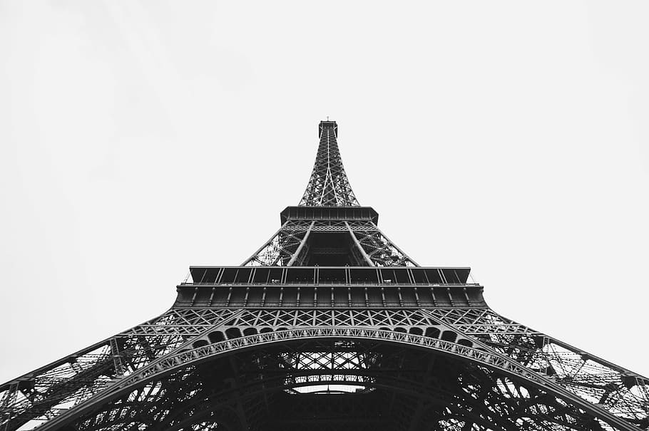 birds-eye view photography, grayscale, photography, eiffel, tower, Eiffel tower, architecture, Paris, France, black and white