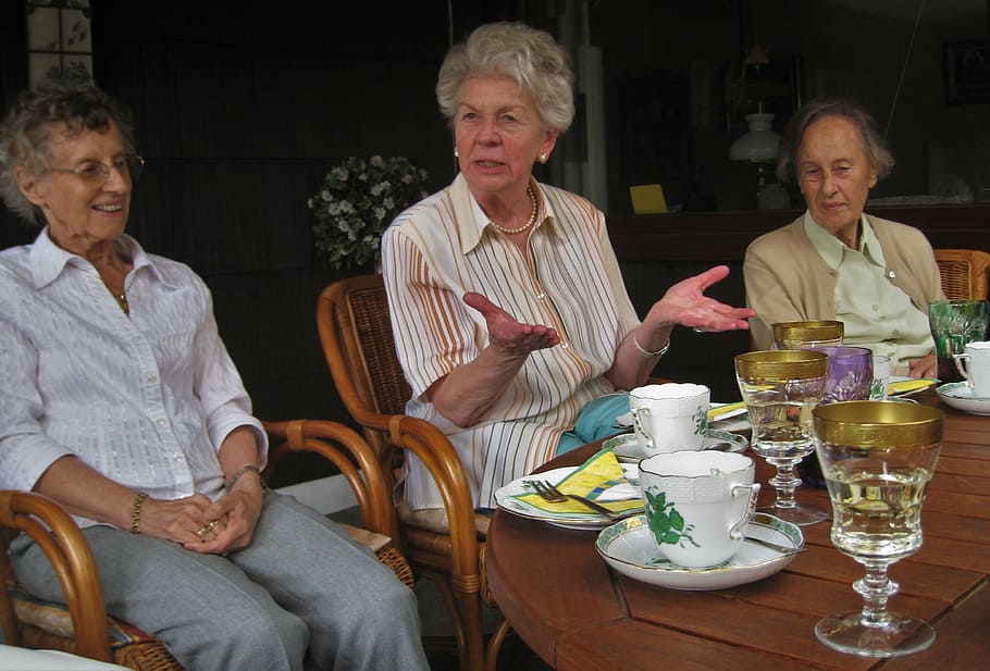 three, dressed, woman, sitting, table, tea party, where is the cake, grandma, aunts, sisters