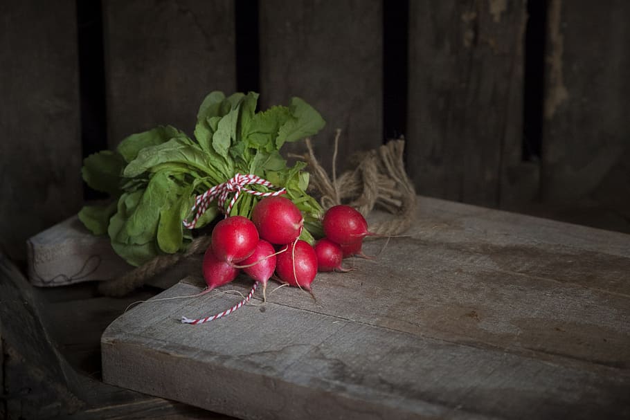 red, fruit, brown, wooden, board, summer, radishes, vegetable, food, healthy