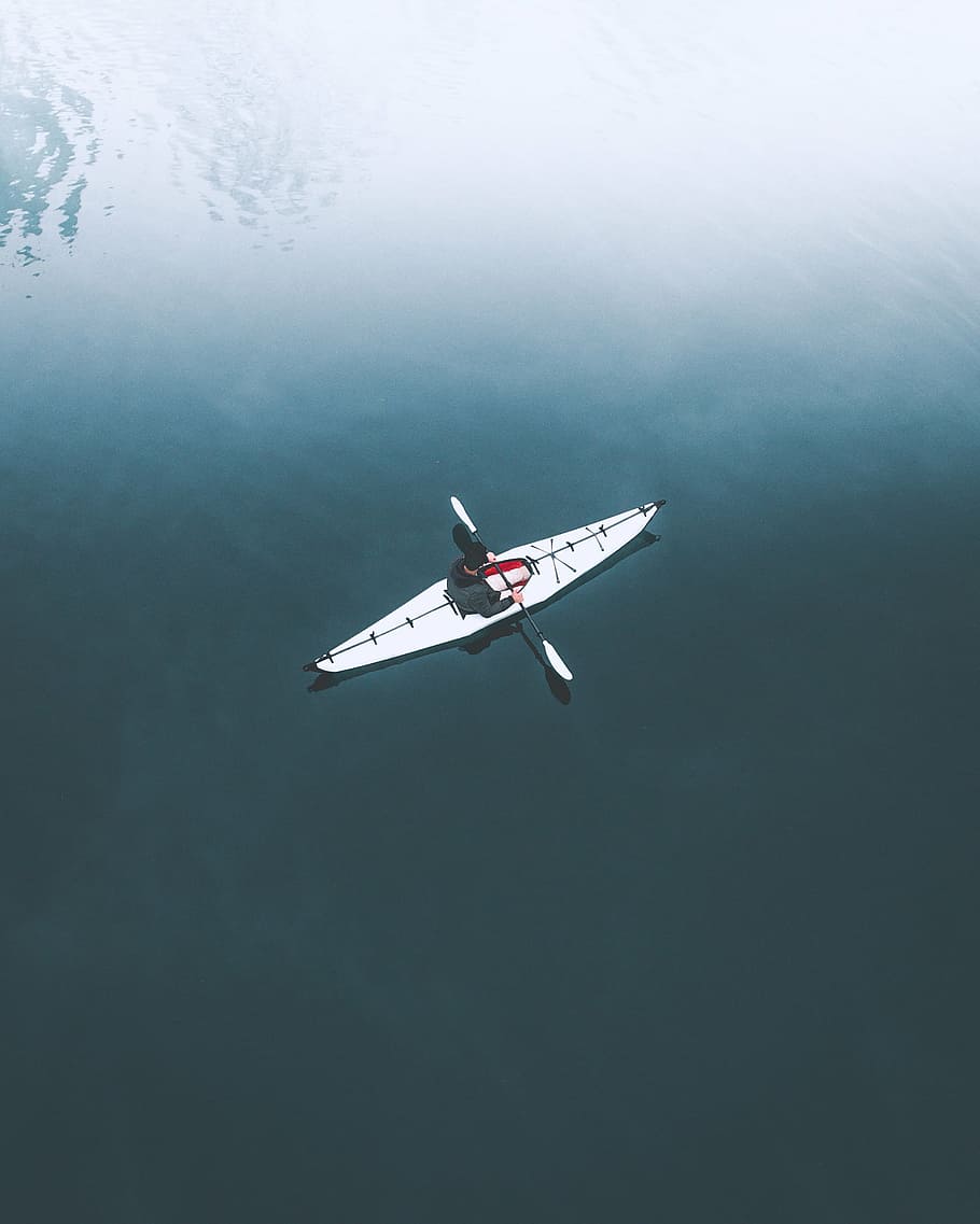 aerial, person, riding, white, kayak, body, water, daytime, paddle, boat