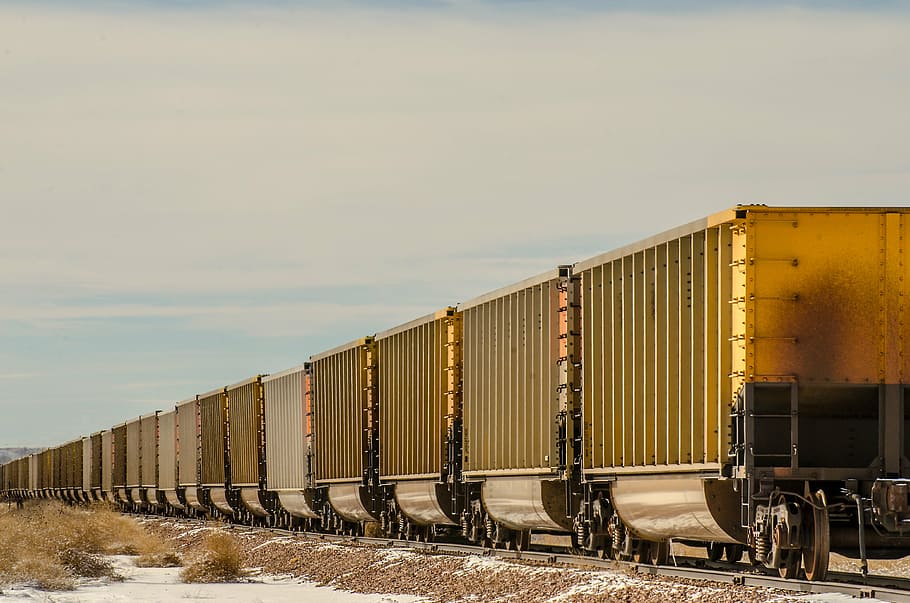 brown, gray, train, daytime, train cars, boxcars, box cars, railroad, rail, road