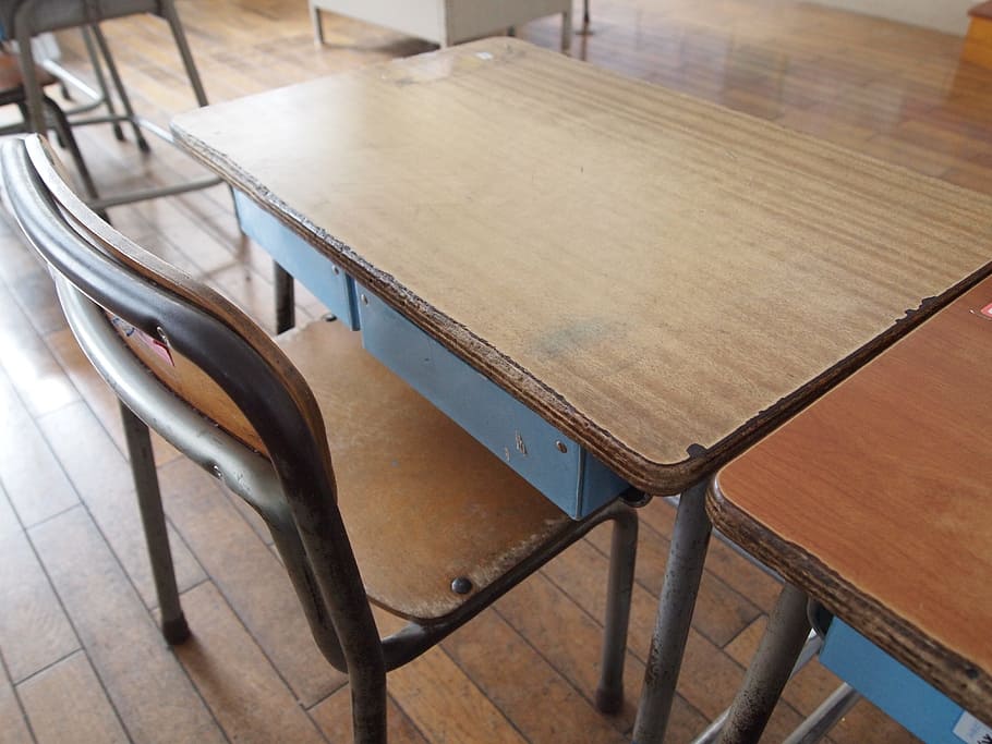 rectangular, brown, wooden, table, armless chair, school, desk, study, memories, classroom