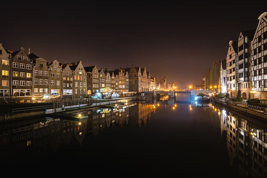 gdansk, river, canal, poland, city at night, illuminated, water, night, building exterior, architecture
