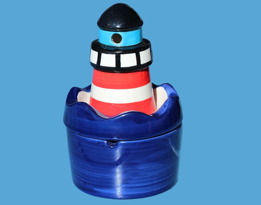 Lighthouse, Beacon, Shipping, Daymark, navigation, ashtray, bottle, blue, studio shot, paint