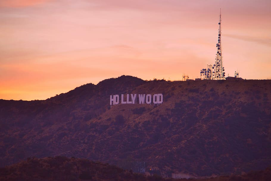 stock photo, naranja, puesta de sol, Hollywood, Los Angeles California, hollywood sign, los angeles, america, montañas, paisaje