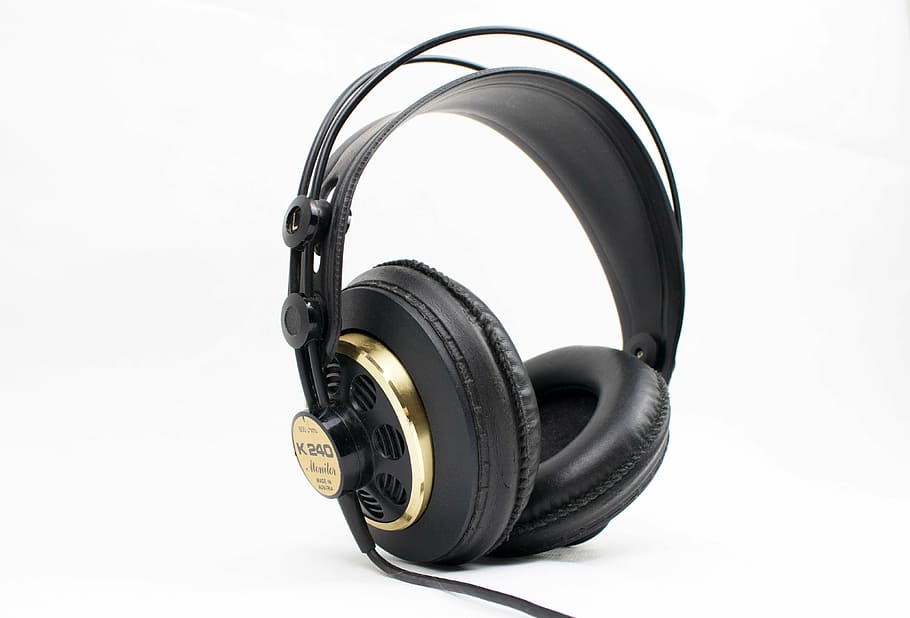 black, gold, corded, full-size, headphones, music, song, foam, ipod, cellphone