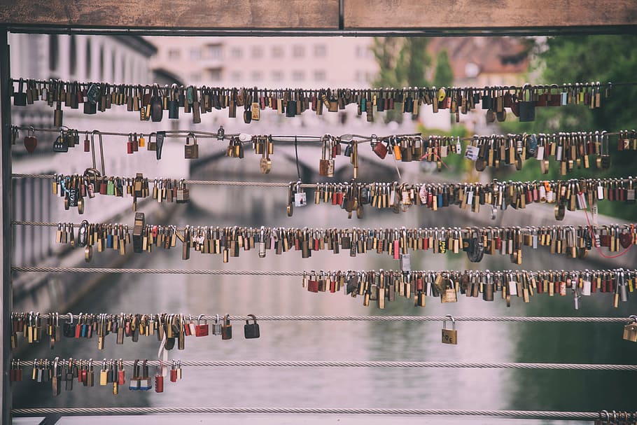 bridge with padlocks, wire, lock, steel, metal, promise, bridge, river, water, blur