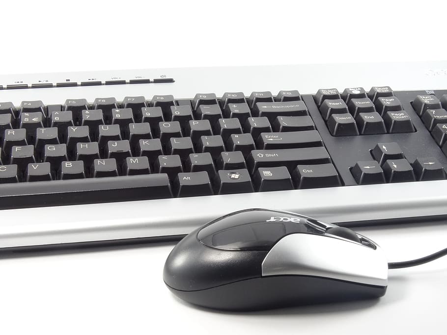 black-and-white, acer, corded, mouse, keyboard, typing, office, hardware, computer, key