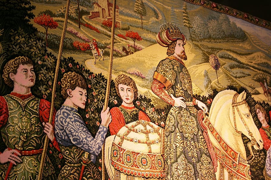 tapestry, knights, middle ages, art and craft, representation, indoors, human representation, religion, creativity, traditional clothing