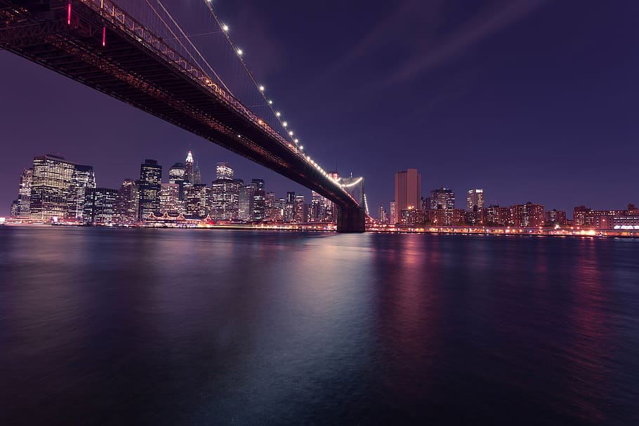 brooklyn bridge, night time, new york city, night, skyline, new york, usa, america, city, town
