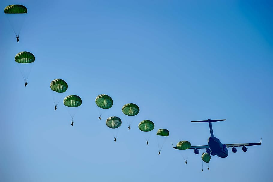 azul, avión, verde, paracaídas, ejército, guardabosques, paracaidismo, salto, militar, soldados