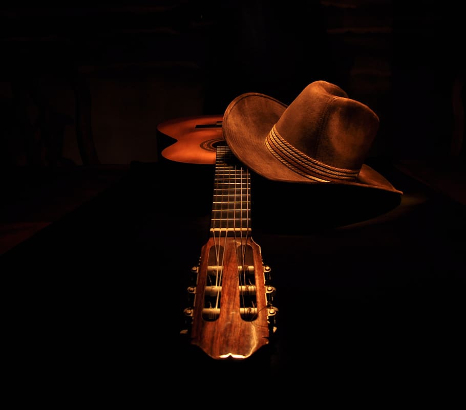 marrom, clássica, guitarra, chapéu de cowboy, pintura clara, escuro, música, musical Instrumento, músico, artes e entretenimento