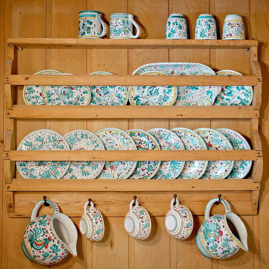 brown, wooden, floating, dinnerware shelf, blue, floral, ceramic, dinnerwares, dish shelf, plate