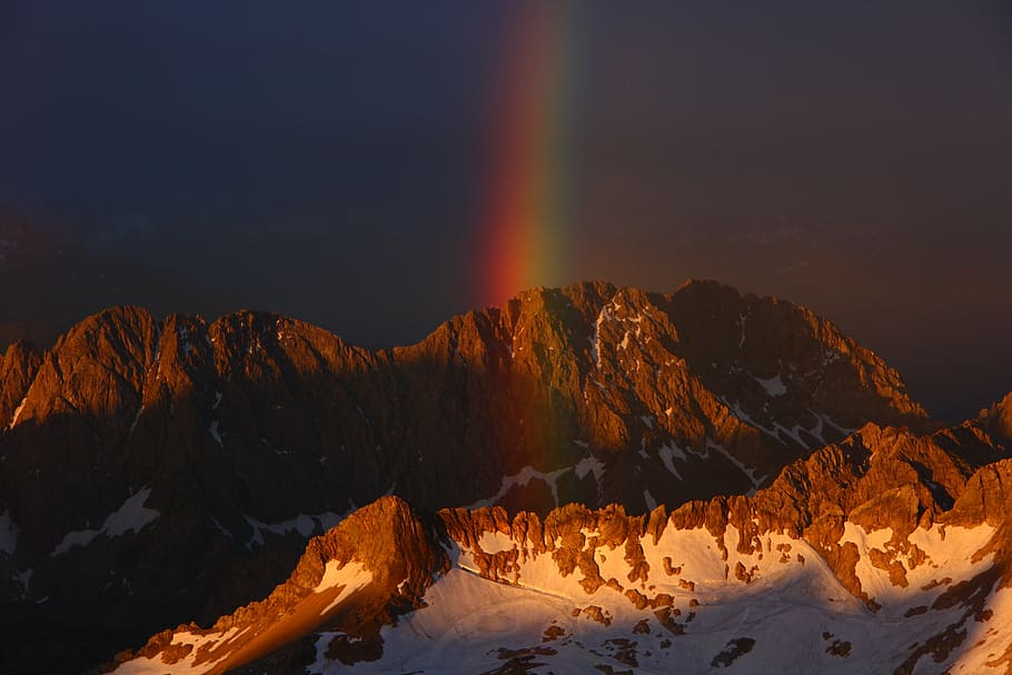 landscape photography, rainbow, rock formation, zugspitze, bavaria, shiver, panorama, alpine, summit, sky
