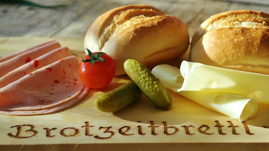 pães, presunto, queijo, legumes, lanche, rolo, queijo semi-duro, emmental, causar, desfrutar