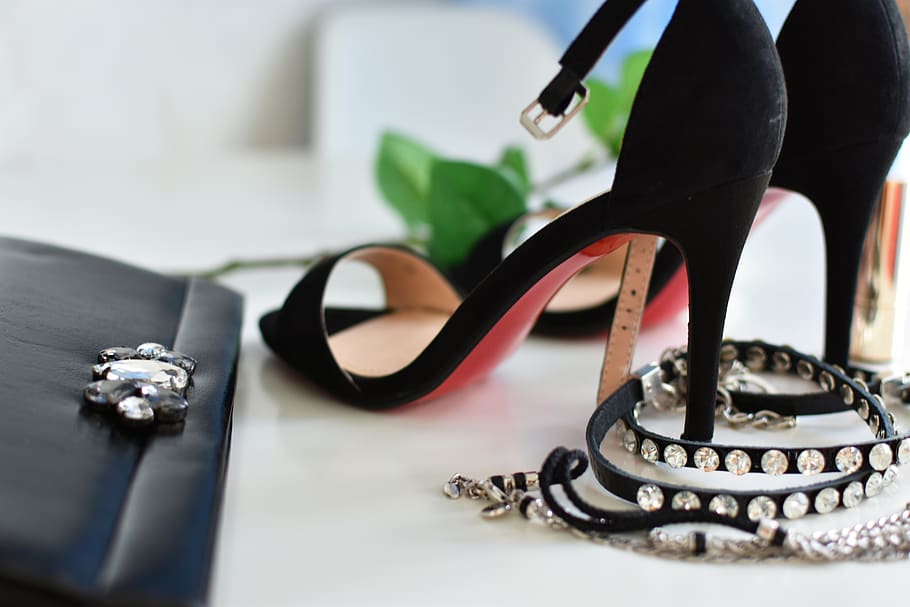 women's shoes, high heels, accessories, red, black, indoors, fashion, still life, close-up, jewelry