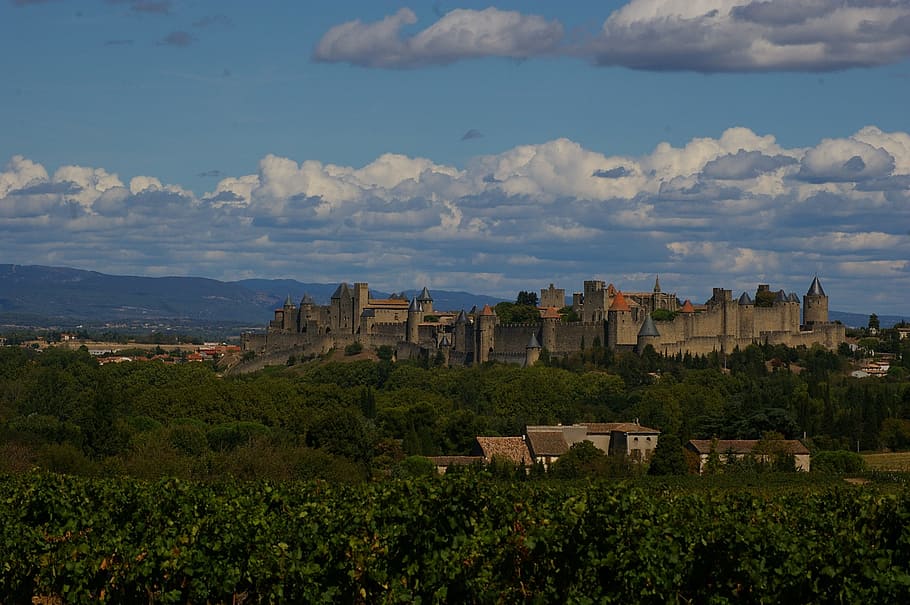 carcassonne, cloudiness, landscape, castle, france, clouds, architecture, built structure, building, history