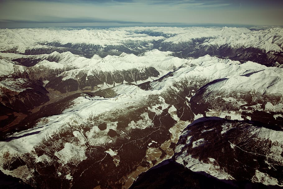 aerial, alpine mountains, areal, photography, icy, mountains, nature, landscape, snow, summit